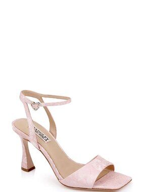 Badgley Mischka Cady Sandals with heart shaped buckle, Pink Jacquard, Size 9